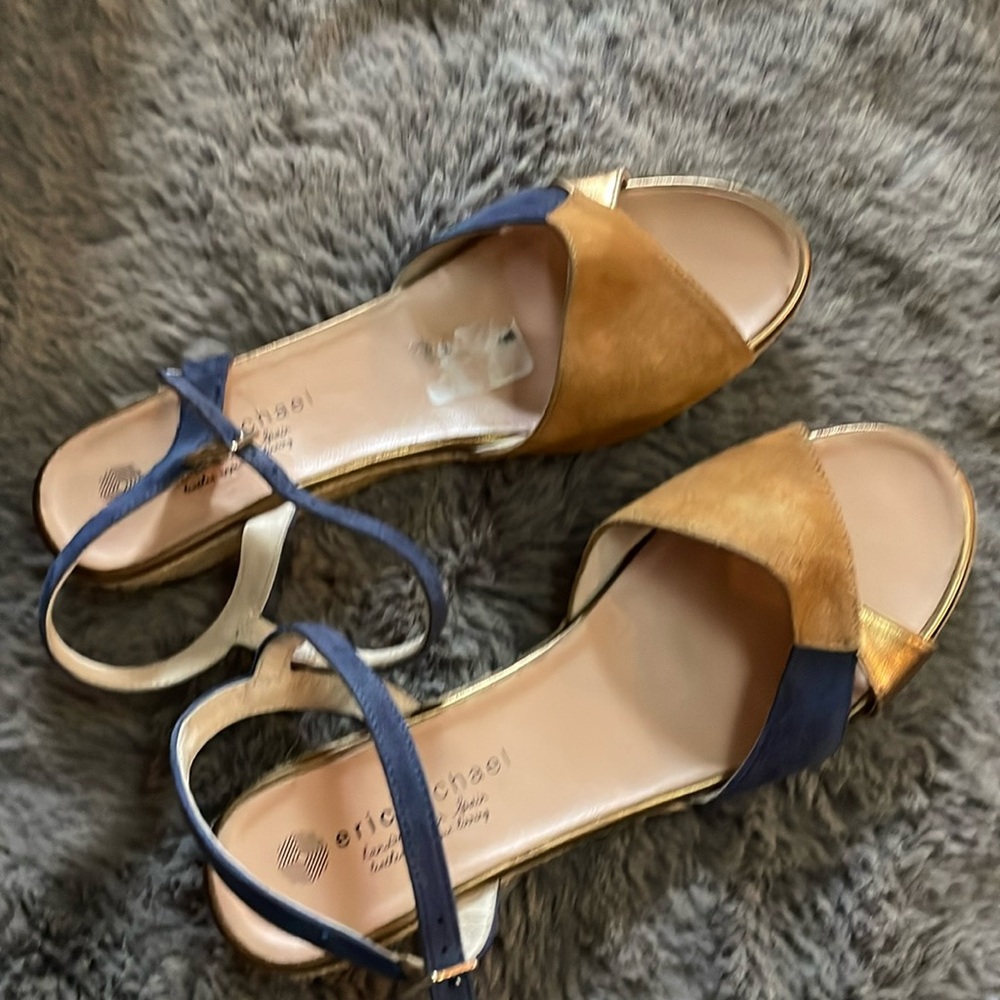 Erica Michael sandal brown and blue suede with gold leather trim. Sz 10